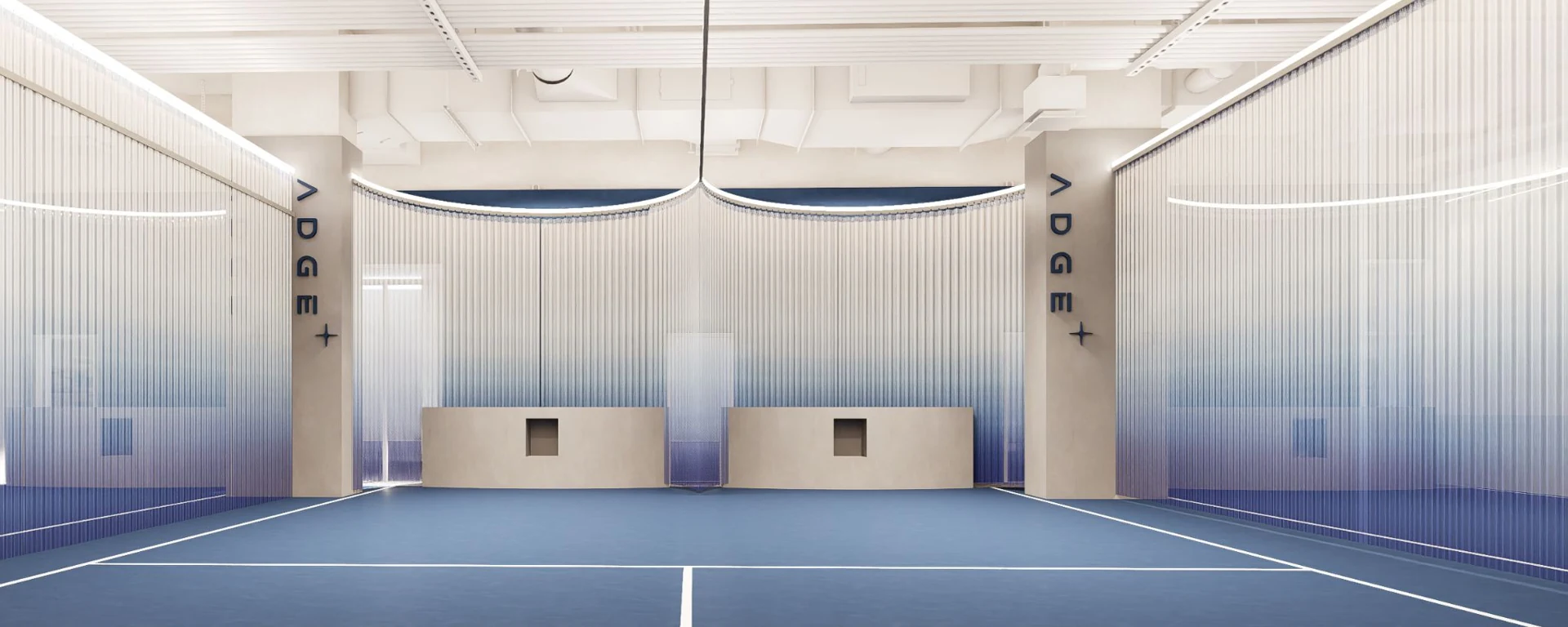 ADGE Center Court architectural visualization with blue flooring and curved enclosures