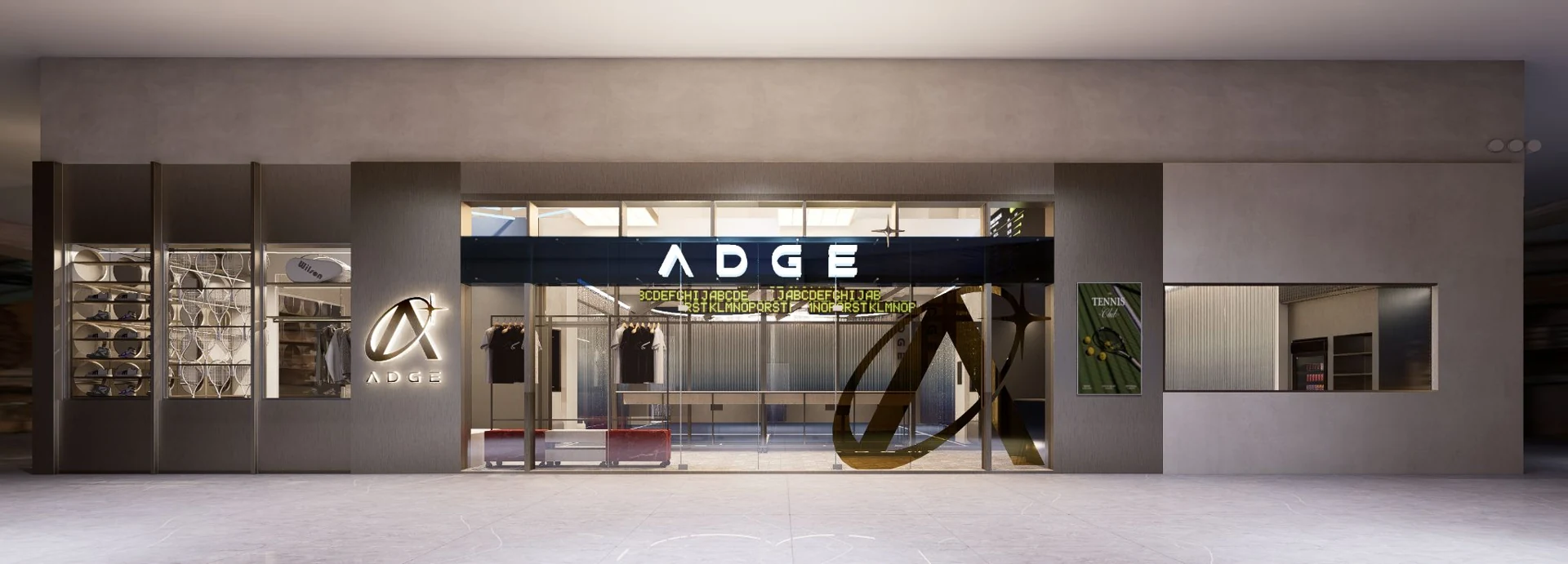 ADGE Tennis glass storefront and illuminated entrance sign