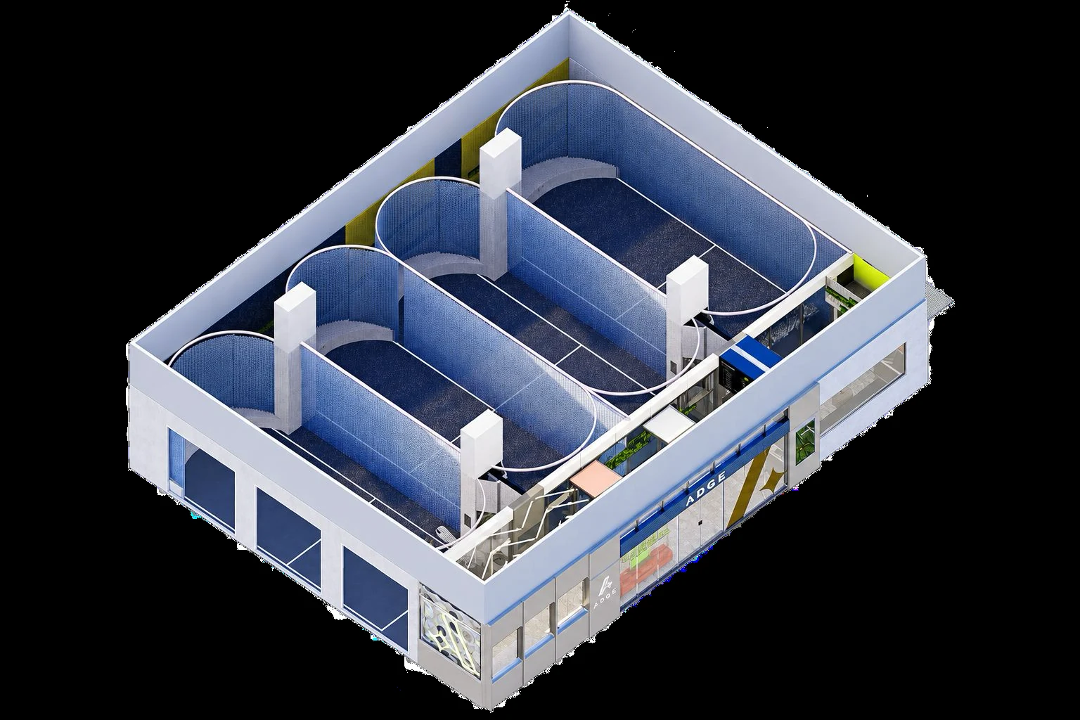 Isometric architectural view of all four courts and the reception