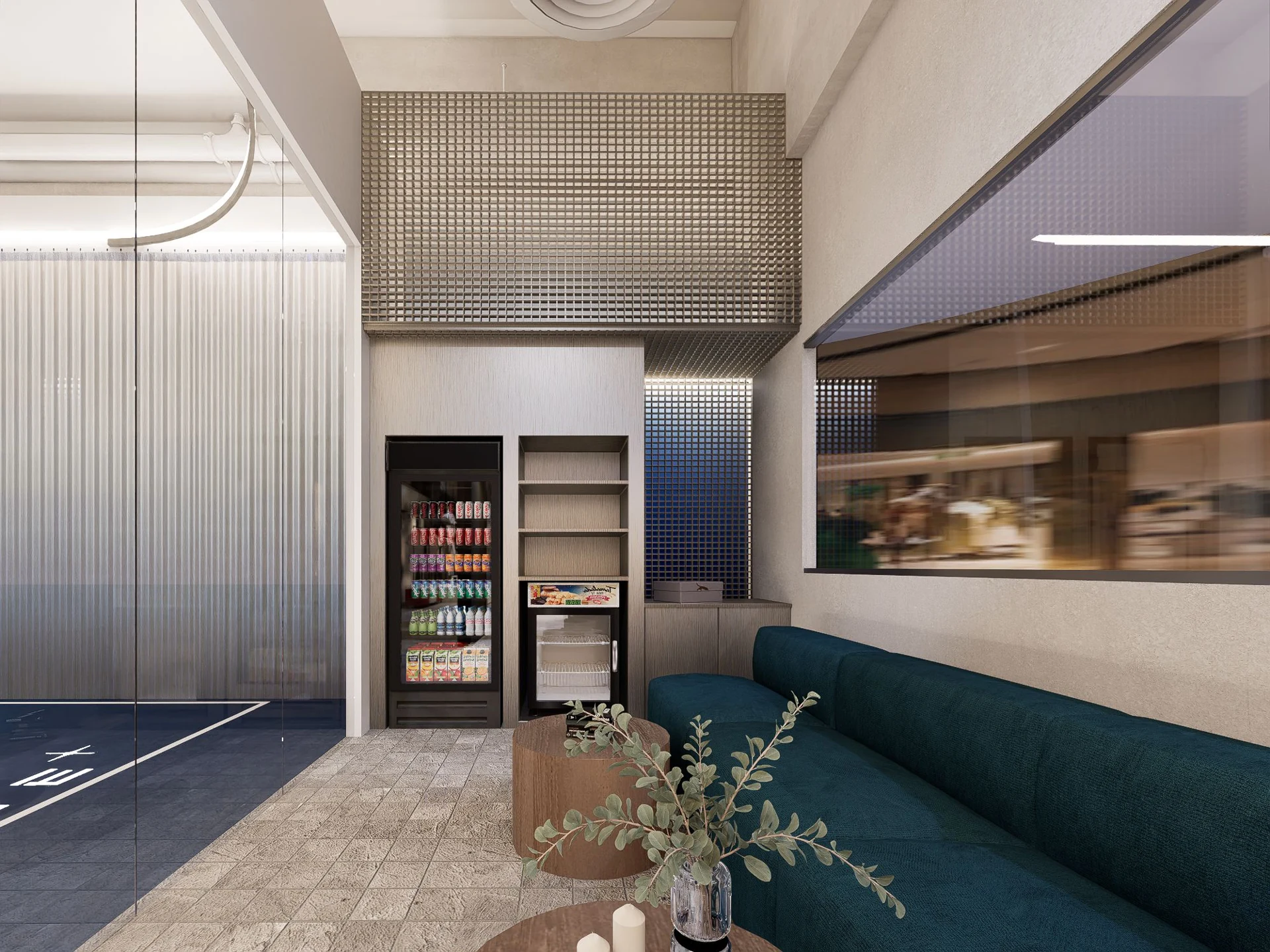 ADGE lounge with curved blue seating and tables