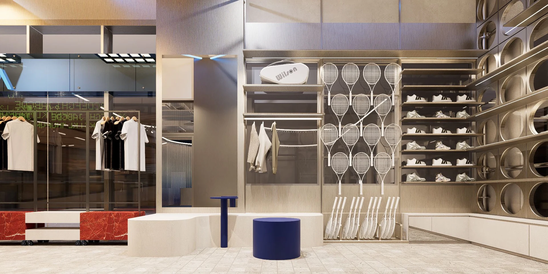 Tennis equipment and apparel display in the ADGE reception area